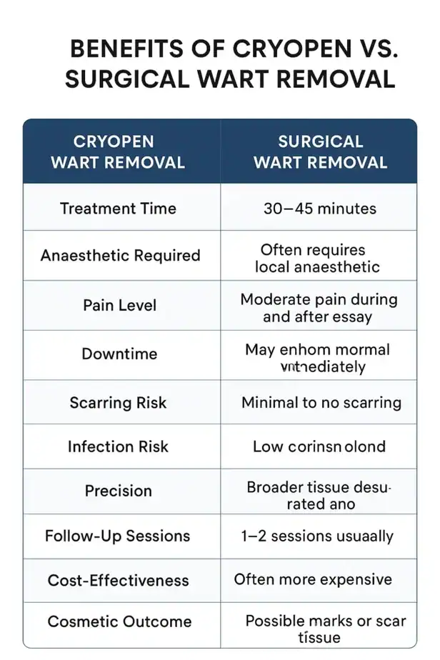 Table showing the benefits of cryopen to remove warts Croydon compared to surgical treatment